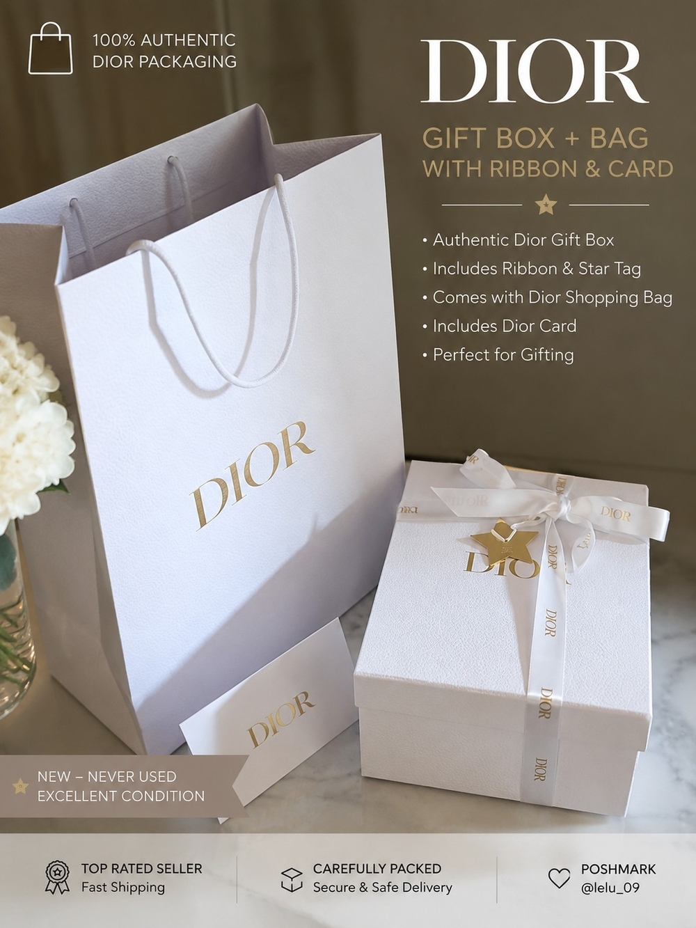 Dior Authentic Gift Box & Shopping Bag Set with Ribbon & Card – White Luxury Pac